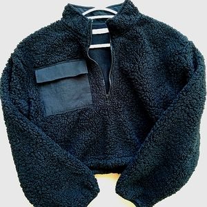 (SOLD!) Oak+Fort Cropped Black Sherpa Halfzip